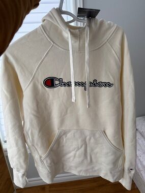 Champion Cream Pullover Hoodie with Script Logo